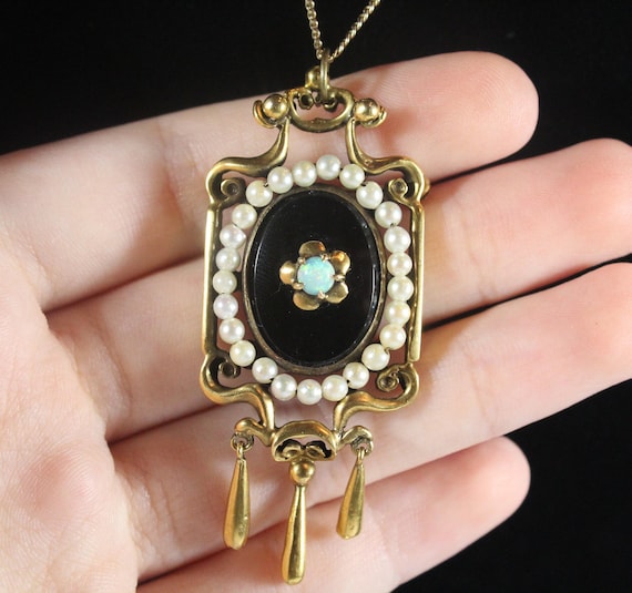Antique Victorian 14k Gold Natural Black Onyx Opal and Seed Pea Rl