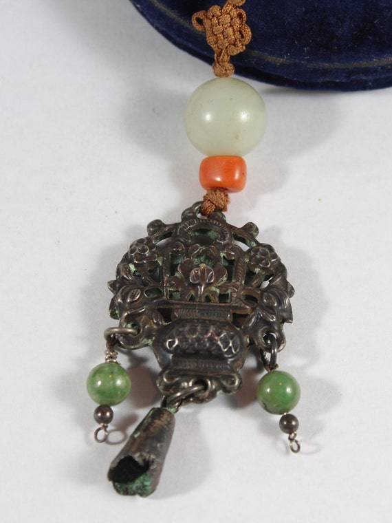 Antique Chinese Qing Dynasty Sterling Silver Jade… - image 3