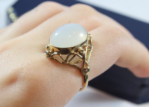 Vintage 9k Gold Natural Moonstone with Small Diam… - image 2