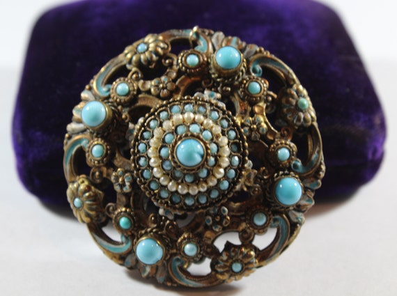 Antique Brass Blue Glass and Faux Pearl Brooch / … - image 1