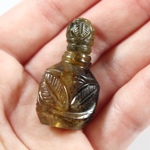 Antique Carved Leaf Tourmaline Tiny Perfume/Sniff… - image 1