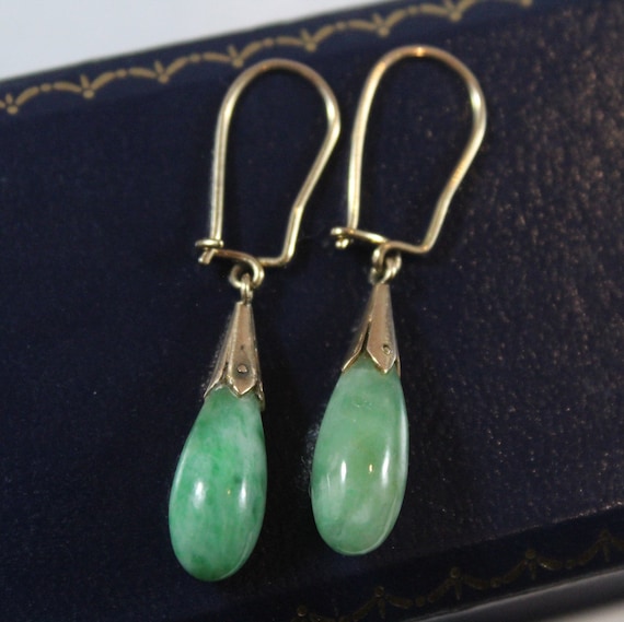 Vintage 14k Gold Tear Drop Natural Jadeite Earring - image 1