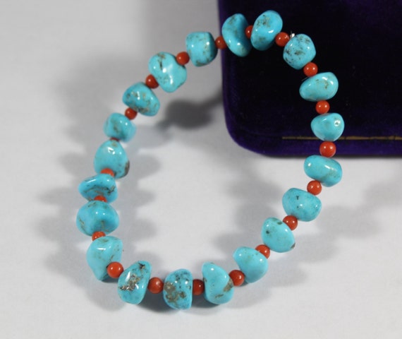 Vintage Natural Turquoise and Coral Beaded Bracel… - image 1