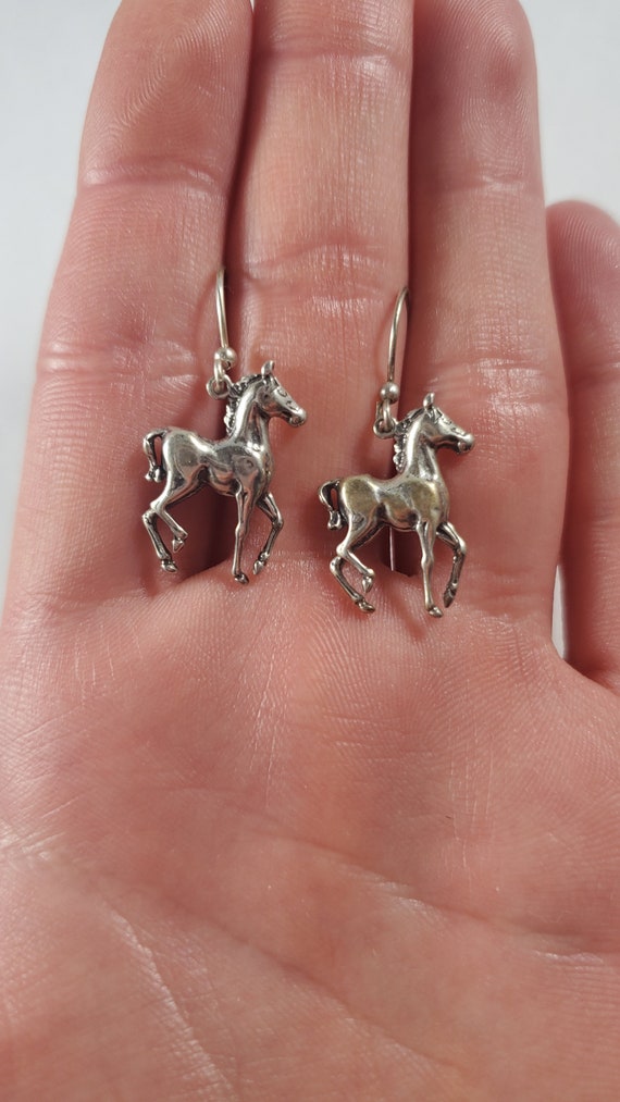 Vintage Sterling Silver Horse Drop Earrings - image 1