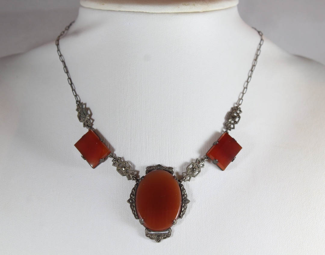 Antique Art Deco Sterling Silver Carnelian Glass Choker Necklace - Etsy