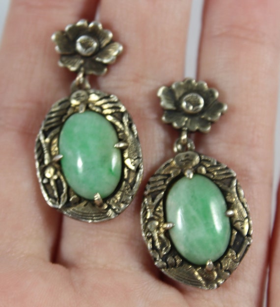 Antique Chinese Sterling Silver Natural Jadeite S… - image 3