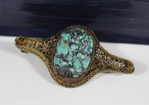 Antique Chinese Filigree Carved Scarab Natural Tu… - image 1