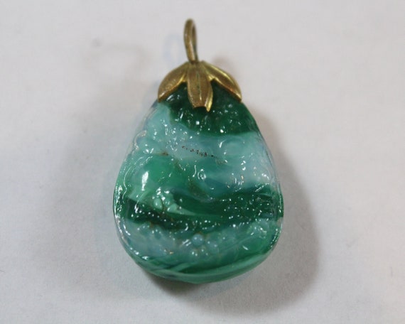 Antique Carved Flower Jadeite Color Glass Pendant - image 3