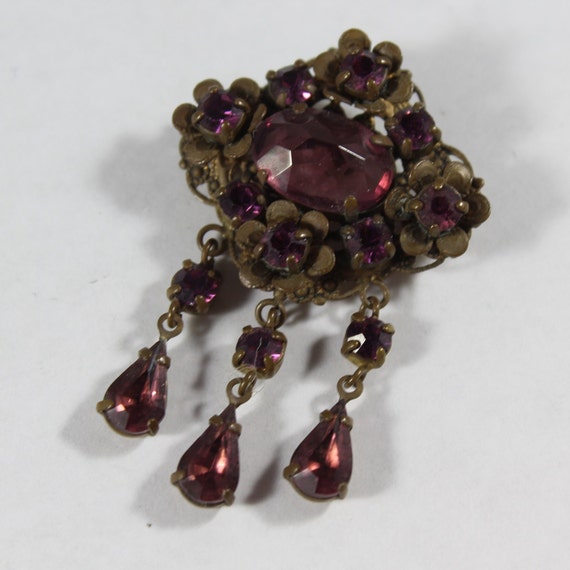 Antique Gold Tone Amethyst Purple Glass Bead Pin … - image 2