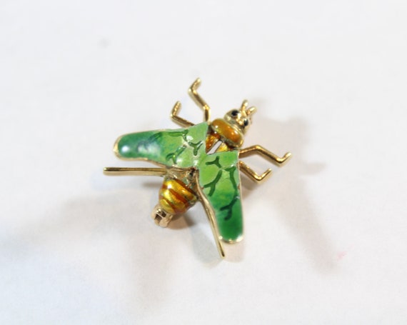 Vintage 14k Gold Green Enamel Fly Bug Brooch - image 4