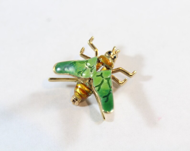 Vintage 14k Gold Green Enamel Fly Bug Brooch image 4