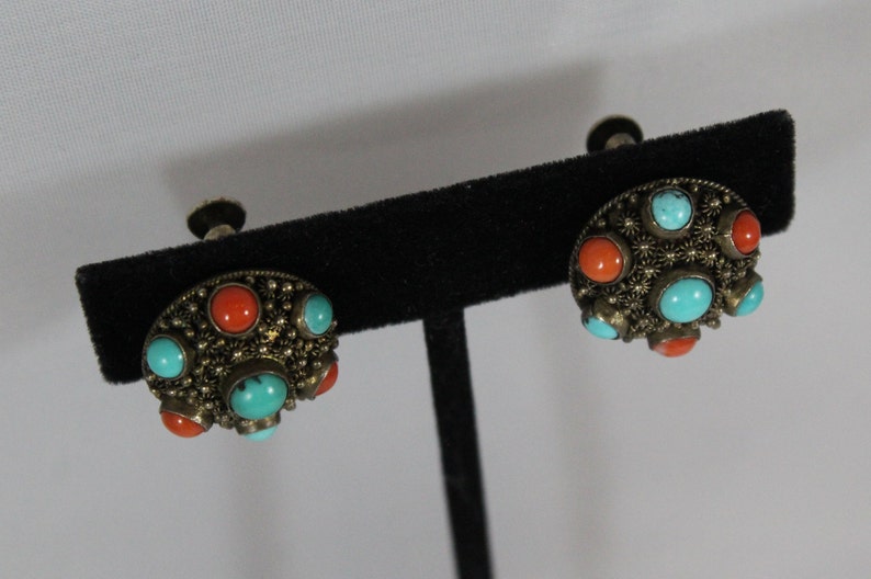 Antique Chinese Sterling Sliver Natural Turquoise with Coral Screw Back Earring