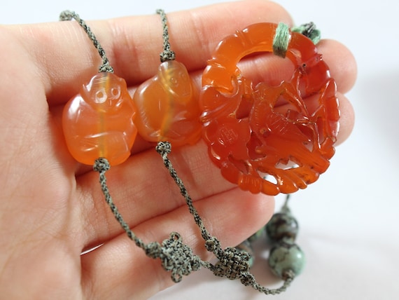 Antique Chinese Carved Bird and Flower and Monkey Natural Carved and Turquoise Necklace