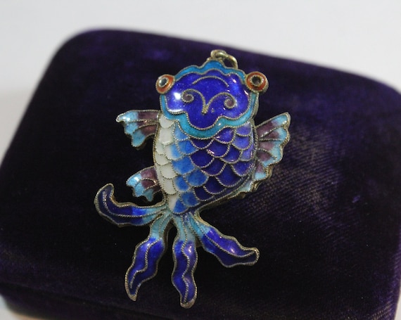 Vintage Chinese Enamel Blue Fish Pendant - image 1