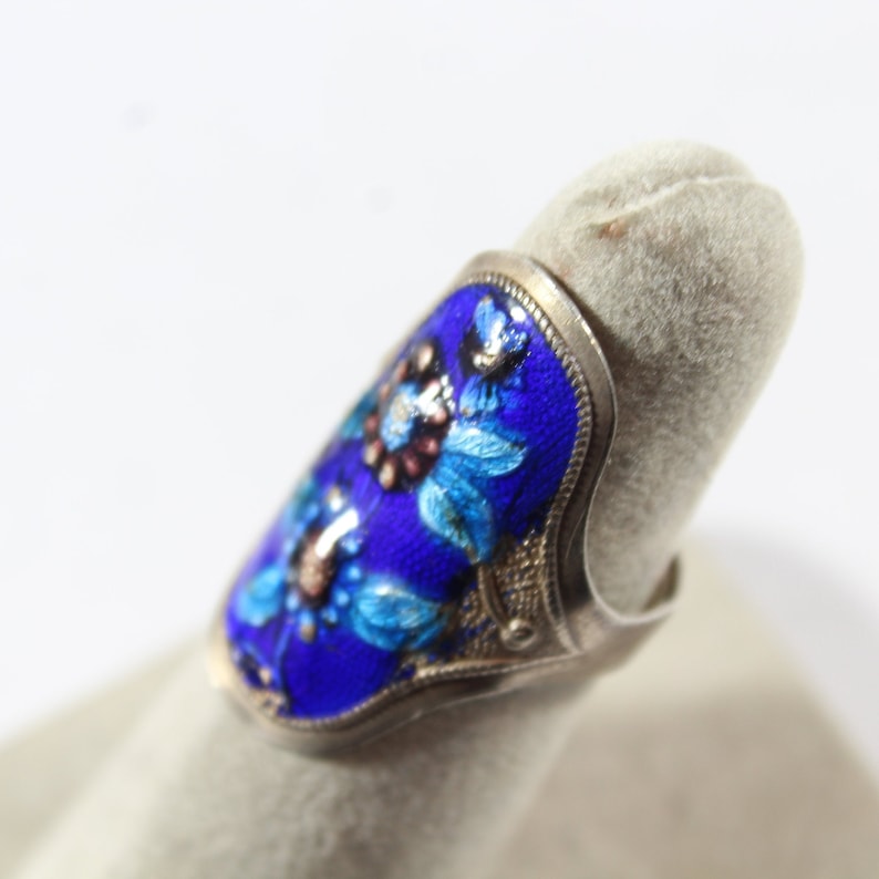 Antique Sterling Silver Chinese Enamel Flower Adjustable Ring