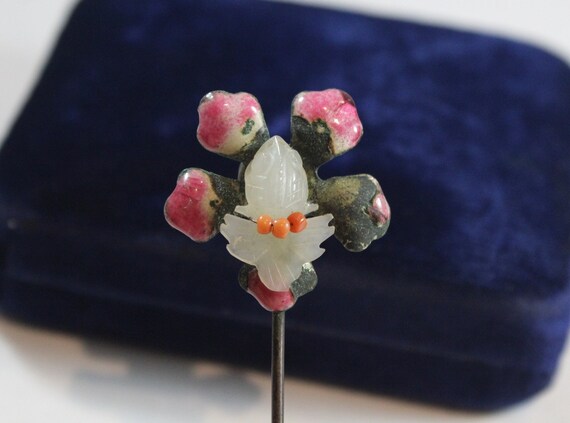 Antique Chinese Pink Enamel Flower Natural Coral … - image 3