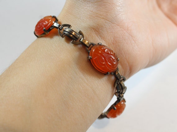 Antique Chinese Sterling Silver Carved Old Man Natural Carnelian Bracelet