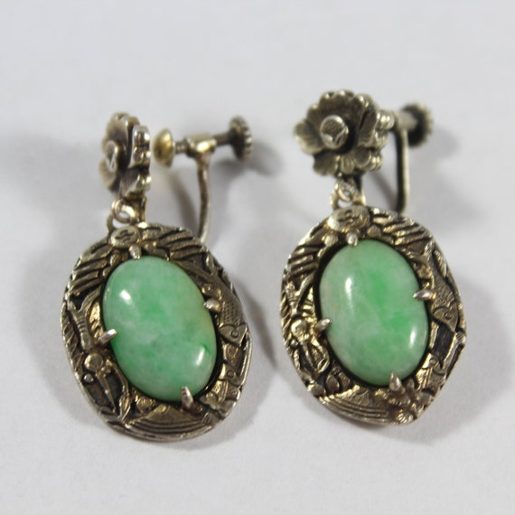 Antique Chinese Sterling Silver Natural Jadeite S… - image 1