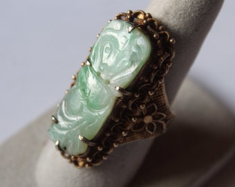 Antique Chinese Sterling Silver Vermeil Filigree Carved Bat Jadeite Adjustable Ring