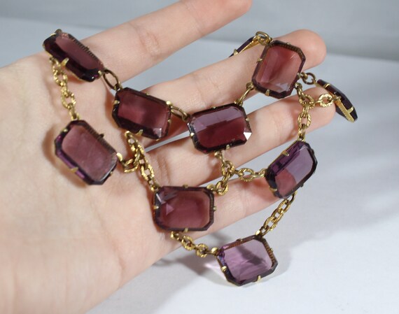 Antique Gold Tone Rectangular Shape Amethyst Glas… - image 2