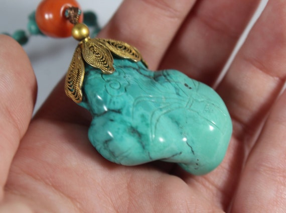 Antique Chinese Filigree Carved Natural Turquoise… - image 4
