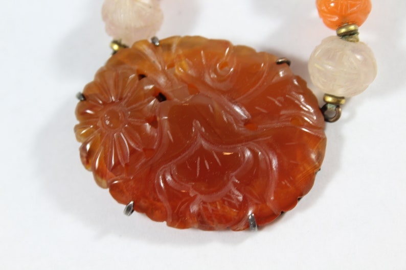 Antique Sterling Silver Chinese Carved Long Life Carnelian with Rose Quartz Beaded Necklace image 2