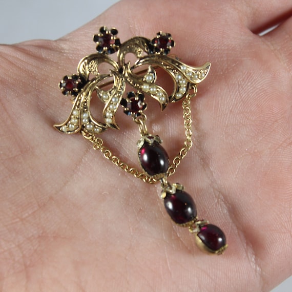Victorian 15k Gold Garnet and Seed Pearl Brooch/P… - image 1