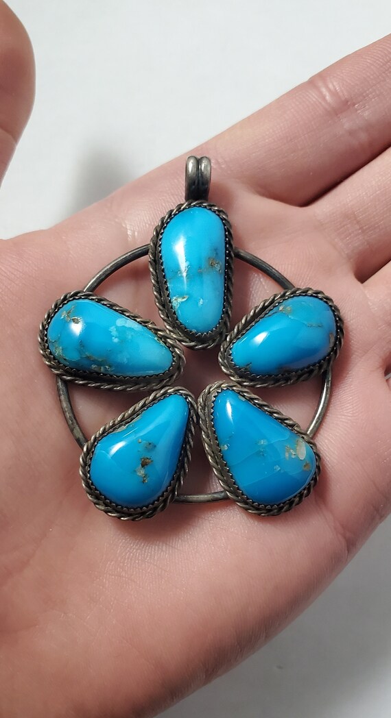 Antique Sterling Silver Navajo Turquoise Flower P… - image 3