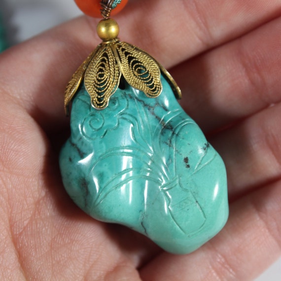 Antique Chinese Filigree Carved Natural Turquoise… - image 2