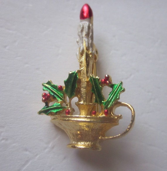 Vintage Gold Tone Christmas Candle Light Pin Broo… - image 1