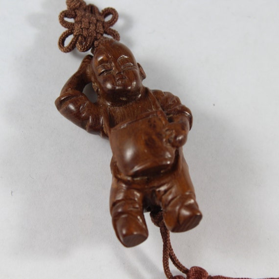 Vintage Chinese Wooden Carved Little Child Necklac