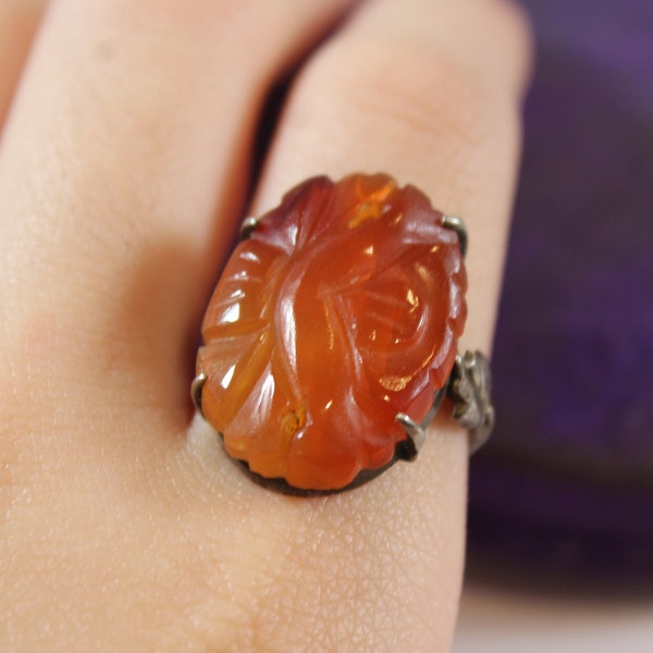 Antique Chinese Sterling Silver Carved Flower Natural Carnelian Ring 4.5US