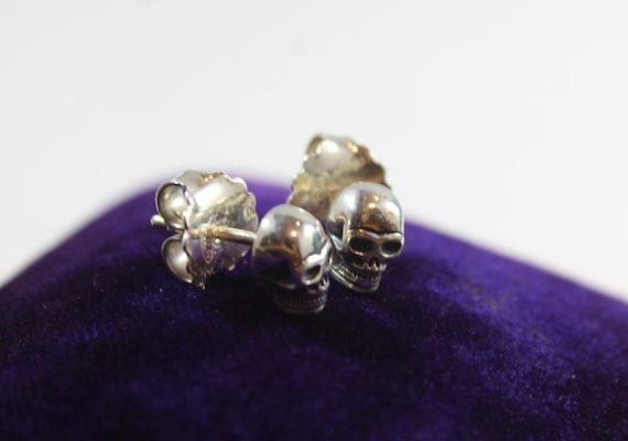 Vintage Sterling Silver Skull Skeleton Small Earr… - image 2