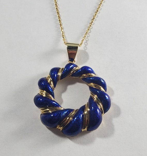 Vintage 18k Gold Blue Enamel Swirl Circular Penda… - image 2