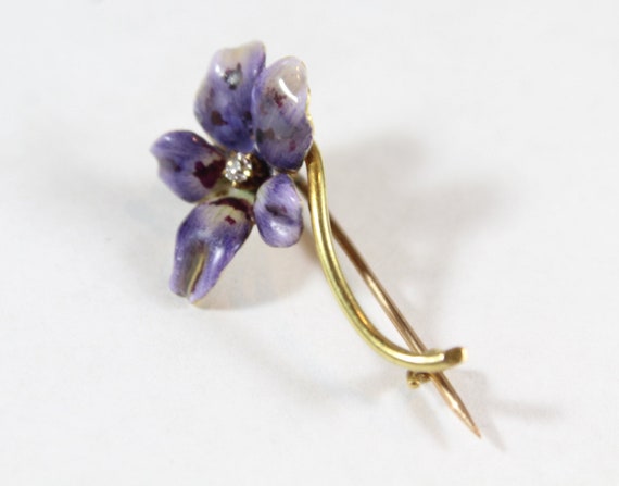 Antique 12k Gold Purple Enamel Flower with Diamon… - image 4