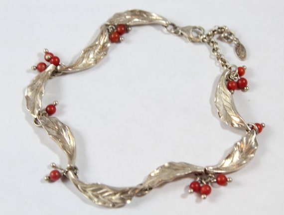 Vintage Sterling Silver dark Red Coral Bead Leaf … - image 2