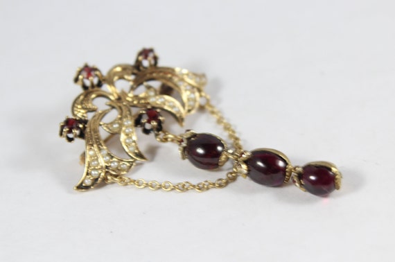 Victorian 15k Gold Garnet and Seed Pearl Brooch/P… - image 3