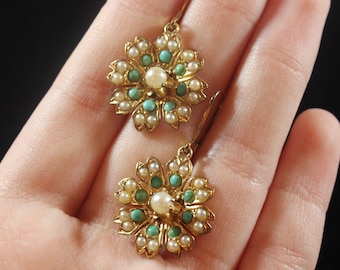 Antique 14k Gold Natural Turquoise with Seed Pearl Earring