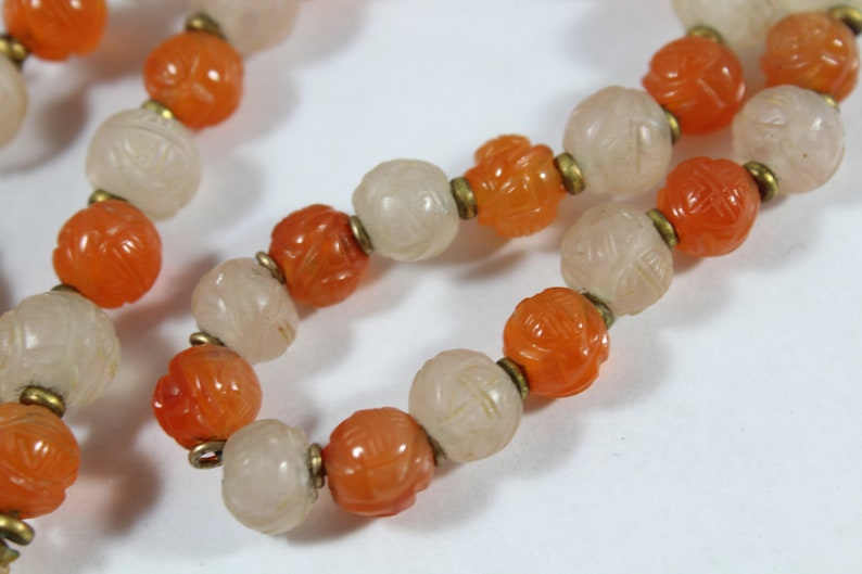 Antique Sterling Silver Chinese Carved Long Life Carnelian with Rose Quartz Beaded Necklace image 7