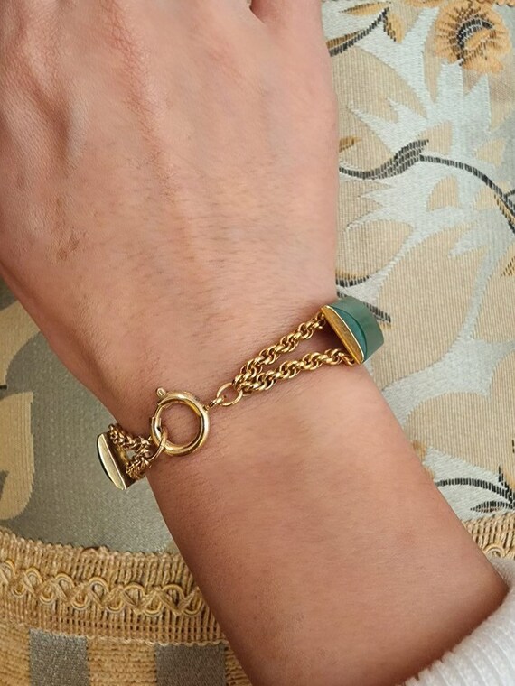 Vintage Custom Gold Tone Rectangular Green Glass Brac… - Gem