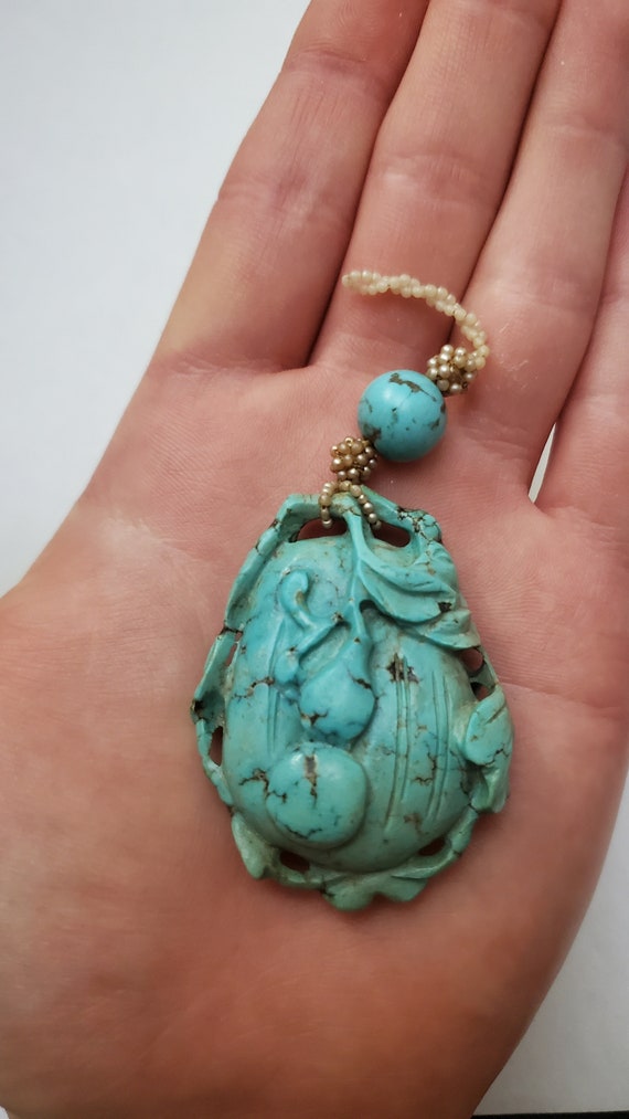 Antique Chinese Carved Turquoise Seed Pearl Pendan