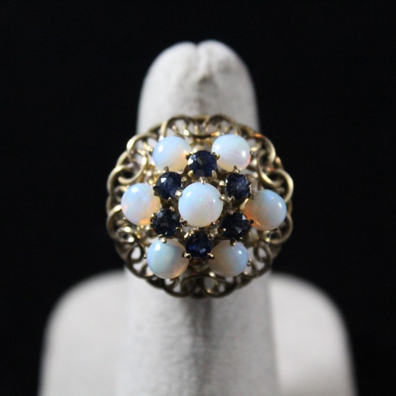 Vintage 18k Gold Natural Round Opal with Blue Sto… - image 2