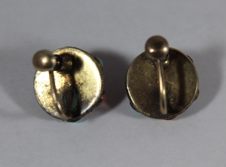 Antique Chinese Sterling Sliver Natural Turquoise with Coral Screw Back Earring