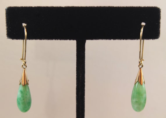 Vintage 14k Gold Tear Drop Natural Jadeite Earring - image 2