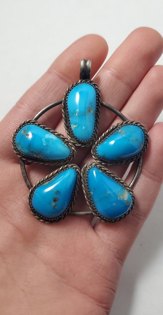 Antique Sterling Silver Navajo Turquoise Flower P… - image 2