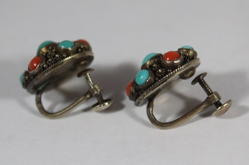 Antique Chinese Sterling Sliver Natural Turquoise with Coral Screw Back Earring