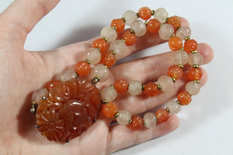 Antique Sterling Silver Chinese Carved Long Life Carnelian with Rose Quartz Beaded Necklace image 5