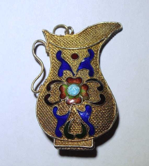 Antique Chinese Sterling Silver Filigree Enamel Vase Pendant