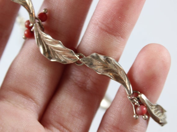 Vintage Sterling Silver dark Red Coral Bead Leaf … - image 4