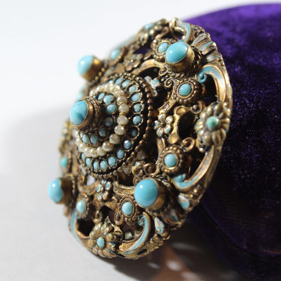 Antique Brass Blue Glass and Faux Pearl Brooch / … - image 4